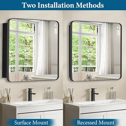 28’’x28’’ Medicine Cabinet,Metal Framed Medicine Cabinet Mirror with Round Corner,Recessed and Surface Mount Bathroom Mirror with Storage, Removeable Shelves,Dark Gray Frame