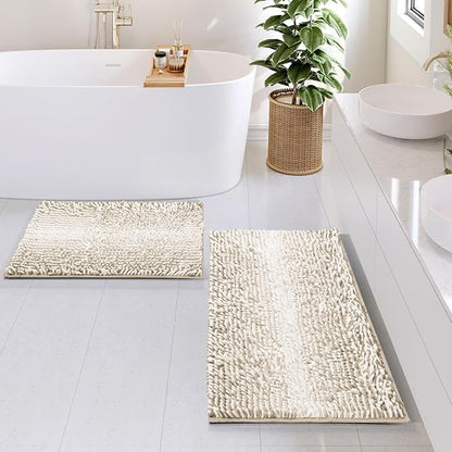 Hearth & Harbor Bathroom Rugs, Chenille Bath Mat - Machine Washable Bath Mats for Bathroom Non-Slip Backing Rubber, Quick Dry Bathroom Mat, 17 x 24 + 20 x 32 - Ombre Beige