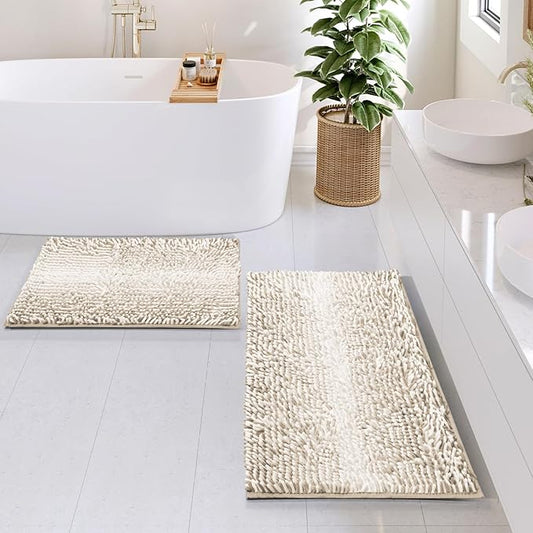 Hearth & Harbor Bathroom Rugs, Chenille Bath Mat - Machine Washable Bath Mats for Bathroom Non-Slip Backing Rubber, Quick Dry Bathroom Mat, 17 x 24 + 20 x 32 - Ombre Beige