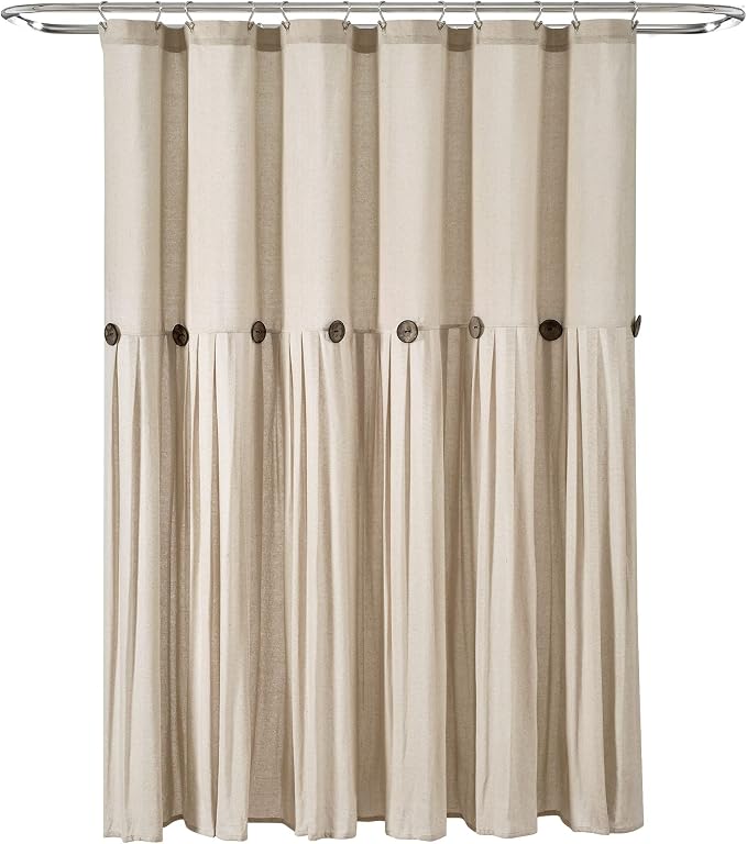 Lush Decor Linen Button Shower Curtain, 72" W x 72" L, Dark Linen - Beige Shower Curtain Fabric - Rustic Bathroom Curtain - Farmhouse Bathroom Decor
