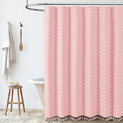 Stall Boho Farmhouse Shower Curtain Tufted Chevron 60"x72" Pink | 60 Inch Wide, Elegant Tassel, Lightweight Textured Fabric, Water Repellent, Washable, for Narrow Bathroom/Dorm 10 Hooks