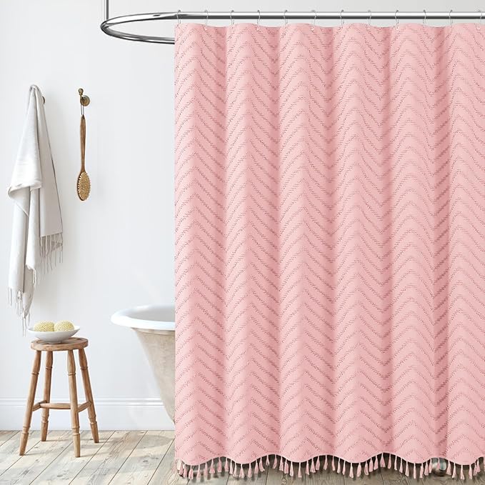 Dynamene Stall Fabric Shower Curtain, 60x72 inch Narrow Boho Tufted Chevron Striped Cloth Bathroom Shower Curtain, Weighted Neutral Waterproof Shower Curtain Set with 10 Hooks, Wrinkle Free, Pink