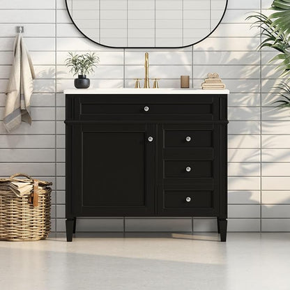 36'' Bathroom Vanity with Top Single Resin Sink Countertop, Solid Wood Frame Modern Storage Cabinet, Tip-Out Drawer, Soft Closing Doors, Black