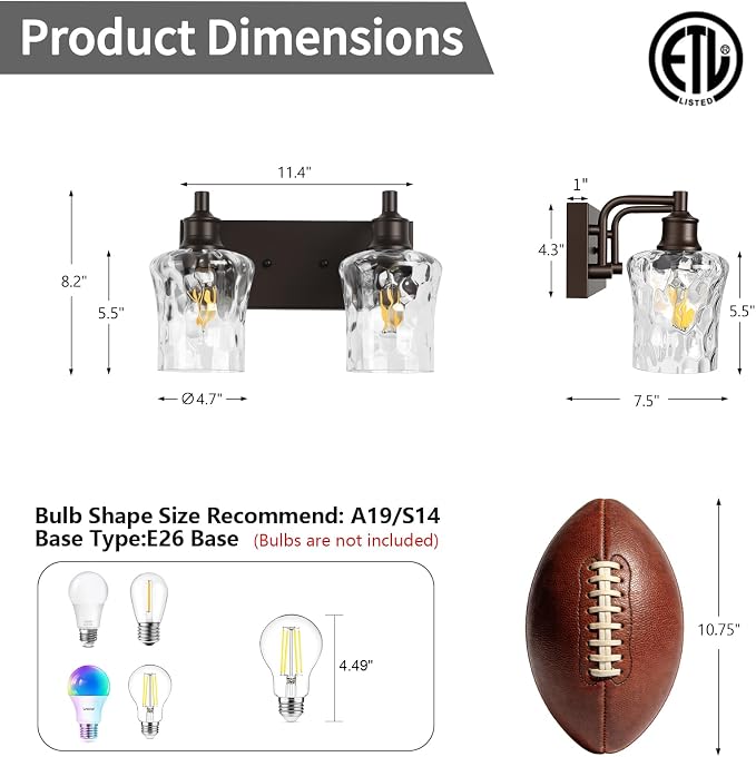 Bathroom Light Fixtures Farmhouse Oil Rubbed Bronze Vanity Lights for Bathroom Lighting Fixtures Over Mirror with Hammered Glass Lampshade for Cabinet Mirror Bedroom Hallway 2 Light