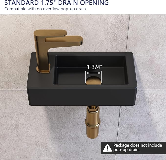 Small Bathroom Sink DeerValley, 15"x7" Mini Rectangle Wall Mount Vessel Sink for Bathroom Powder Room Cloakroom, Floating Space Saving Design, Easy to Clean Matte Black Ceramic Wash Basin (Left Hand)