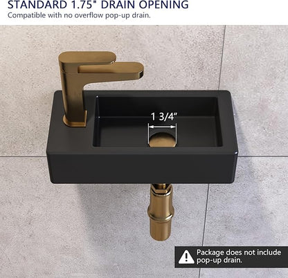 Small Bathroom Sink DeerValley, 15"x7" Mini Rectangle Wall Mount Vessel Sink for Bathroom Powder Room Cloakroom, Floating Space Saving Design, Easy to Clean Matte Black Ceramic Wash Basin (Left Hand)