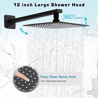 12 Inch Shower Faucet Set,Matte Black Shower System With Handheld | Square Shower Head with Shower Trim Kit And Handheld Shower Valve,Multi-function Rainfall,Rain Shower & Handheld Spray Combo