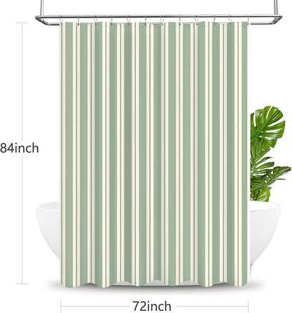 Tititex Cute Candy Cane Striped 140gsm Faux Linen Fabric Shower Curtain, Elegant Classic Sage Green Beige Shower Curtain Sets Decoration 72x84 Inch with Hooks