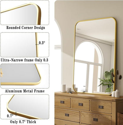 24x36 Inch Gold Bathroom Vanity Mirror for Over Sink | Rectangle Wall Mirror for Bathroom with Round Corner, Hangs Horizontally Vertically for Living Room, Bedroom as Home Decor