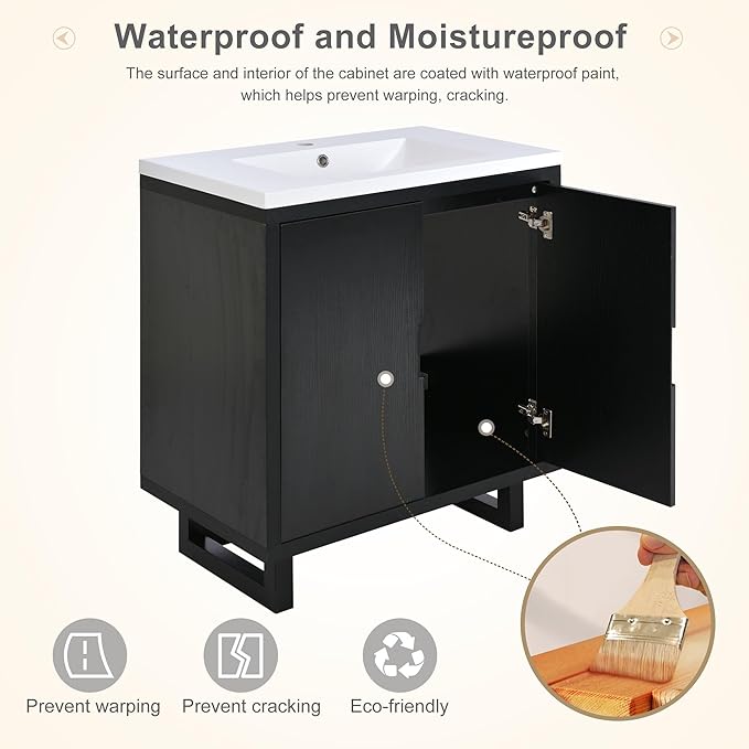Favfurish 30" Bathroom Vanity with Resin Sink,Undermount Single Basin Bath Vanity Set w/2 Soft Closing Doors,Transitional Freestanding Storage Cabinet,Solid Wood Frame,Black