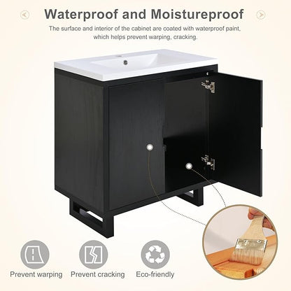Favfurish 30" Bathroom Vanity with Resin Sink,Undermount Single Basin Bath Vanity Set w/2 Soft Closing Doors,Transitional Freestanding Storage Cabinet,Solid Wood Frame,Black