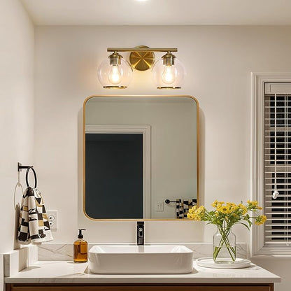 Brushed Gold Bathroom Vanity Light Over Mirror, 2 Light Bathroom Light Fixtures with Clear Globe Glass Shade, Modern Vanity Lighting Wall Mounted