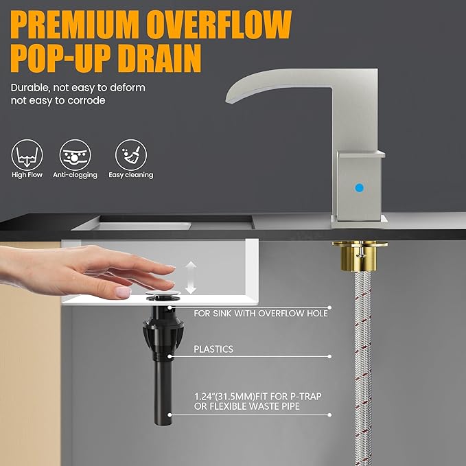 Waterfall Bathroom Faucets for Sink 3 Hole - Brushed Nickel Waterfall Bathroom Faucet 8 Inch Widespread Faucet Bathroom 2-Handles Modern Vanity Faucets with Overflow Pop Up Drain Supply Lines