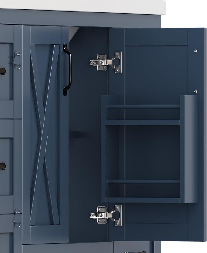 48" Bathroom Vanity with Sink, Freestanding Bathroom Cabinet | Ceramic Top & Backsplash, 7 Storage Drawers, X-Shaped Doors, Adjustable Shelving, Door Storage and Towel Bar, Navy Blue