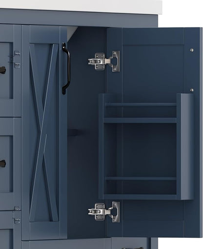 48" Bathroom Vanity with Sink, Freestanding Bathroom Cabinet | Ceramic Top & Backsplash, 7 Storage Drawers, X-Shaped Doors, Adjustable Shelving, Door Storage and Towel Bar, Navy Blue