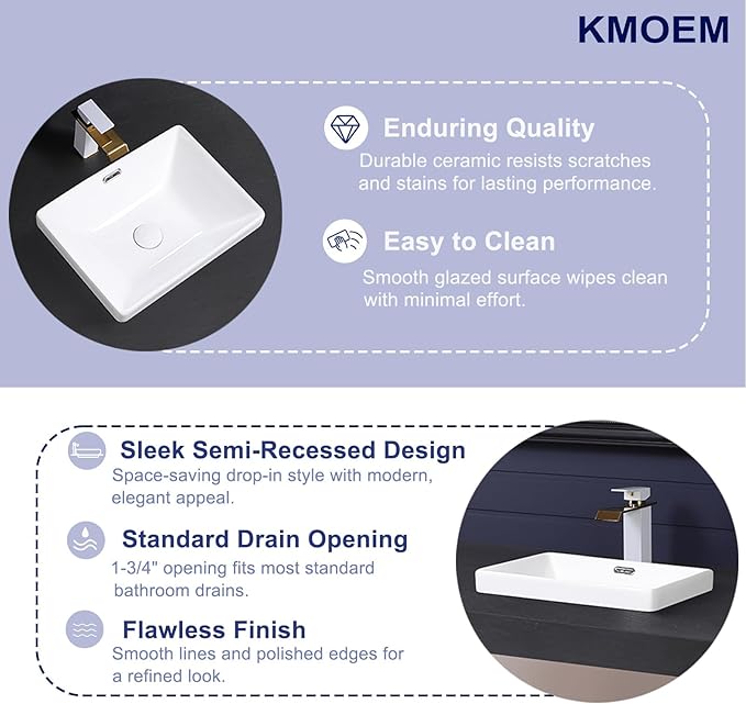 Semi Recessed Bathroom Sink 17"x13" Vessel Sink Drop-in White Porcelain Ceramic Modern Rectangular Sinks Basin Vanity Sinks with Overflow for Bathrooms