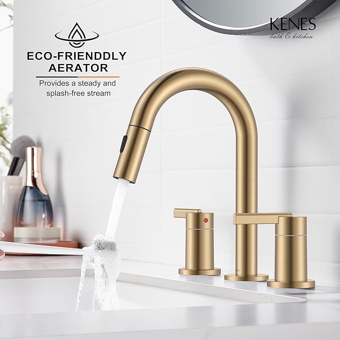 KENES Champagne Bronze Pull Down Bathroom Faucet, 8 Inch 2 Handle Widespread Bathroom Faucet 3 Hole with Pull Out Sprayer, Bathroom Vanity Faucet with Pop Up Drain & Supply Lines LJ-9068-CB