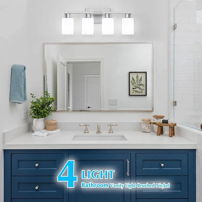 4 Light Bathroom Vanity Light Brushed Nickel Modern Bathroom Light Fixtures Nickel Vanity Lights with Eye-Friendly Milky White Frosted Glass Shades E26 Socket (Bulbs Not Included)