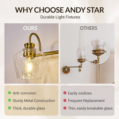ANDY STAR Brushed Gold Vanity Light, 3 Light Bathroom Light Fixtures with Clear Diamond-Shape Hammered Glass, Brass Vintage Ripple Wall Lights for Hallway, Bedroom, Anti-Rust, E26 Base (No Bulbs)