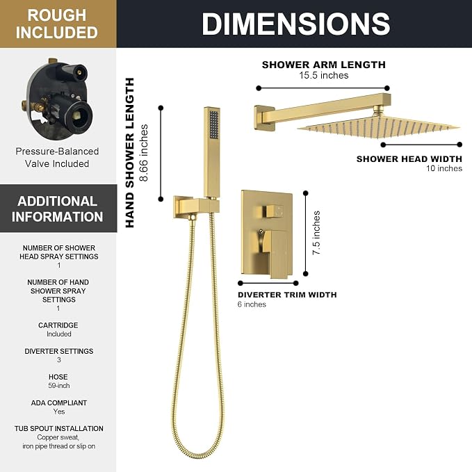 Lava Odoro Modern 2-Setting Square Shower System with Rain Shower Head and Handheld Spray Gold, Rainfall Shower Faucet Set Gold, Shower Valve and Trim Kit, Brushed Gold, SF103-SG