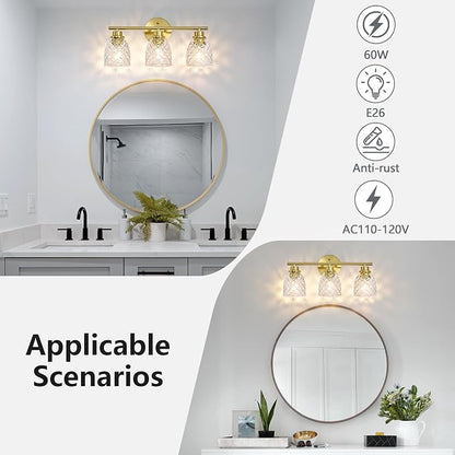 3-Light Bathroom Light Fixtures, Brushed Gold Vanity Lights Over Mirror | Modern Farmhouse Wall Sconces with Hammered Glass Lampshade for Kitchen Hallway Bedroom Living Room Cabinet Porch-18.1IN