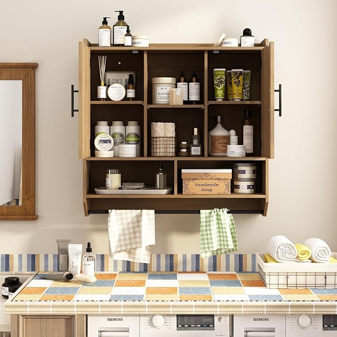 RUSTOWN Fluted Bathroom Wall Cabinet, Mid-Century Modern Medicine Cabinet with Adjustable Shelves & Towel Bar,3-Tier Wall Mounted Cabinets, Over The Toilet Storage Cabinets for Bathroom, Natural Oak