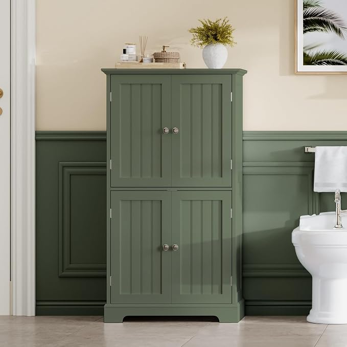 ChooChoo Bathroom Floor Cabinet with Adjustable Shelves | Bathroom Storage Cabinet, 4 Doors, Freestanding Cupboard for Living Room, Green