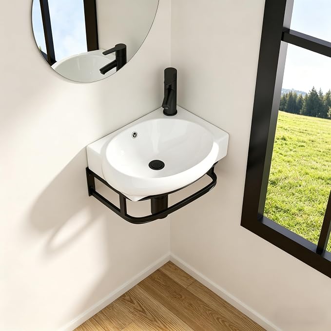 Logmey 17 Inch Wall Mount Corner Bathroom Sink 16.73"x11" Floating Sinks White Porcelain Ceramic Wall Hung Vessel Sink Wash Hand Basin with Towel Rack