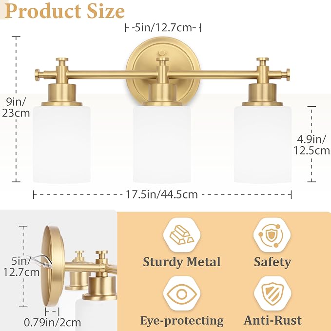 3 Light Brushed Gold Bathroom Vanity Light Fixture Over Mirror, 17.5 Inch | Modern Gold Vanity Light Fixtures with White Glass Shade, Wall Sconce for Bathroom, Bedroom, Hallway, Living Room, E26 Socket