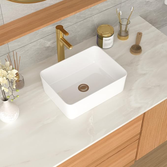 White Bathroom Vessel Sink Ceramic Vanity Art Basin Above Counter | 16x12 Inch Rectangular Bathroom Sink Porcelain Vessel Vanity Sink