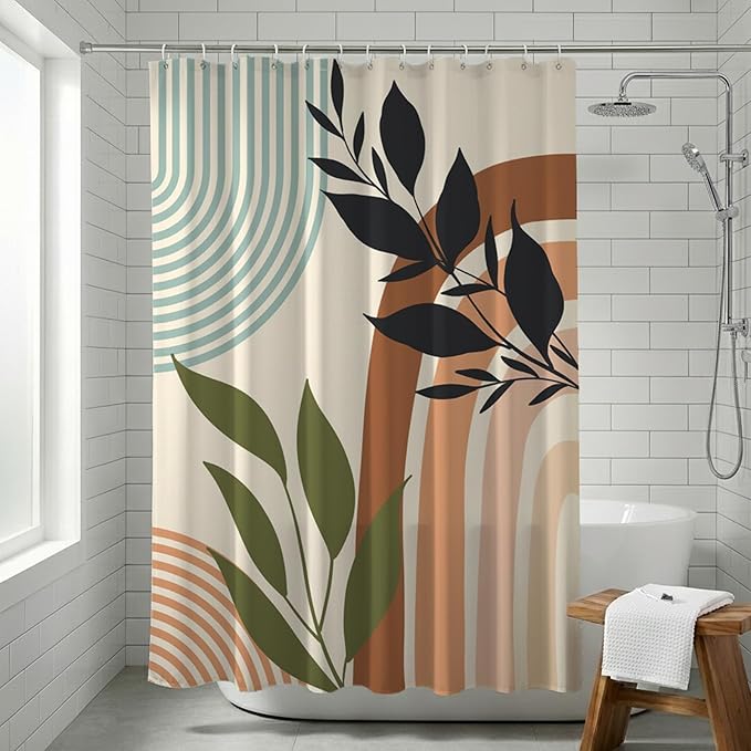 Mid Century Boho Shower Curtain, Sage Green Abstract Geomatric Bohemian, Waterproof Polyester Fabric Shower Curtains Sets with Hooks for Bathroom 72x72 Inches