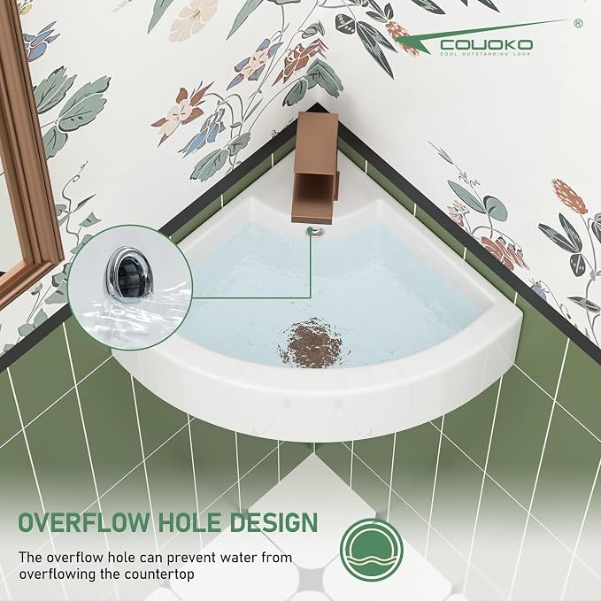18x13 Wall Mounted Corner Bathroom Sink | Ceramic, Fan-Shaped, Curved Bottom, Easy to Clean, with Overflow, Ideal for Bathroom, Lavatory, Vanity