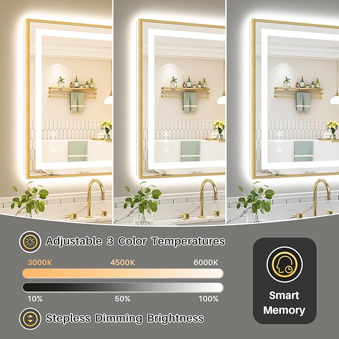 72x36 Inch LED Bathroom Mirror with Gold Frame, Backlit & Front Lit, Anti-Fog Lighted Bathroom Vanity Mirror for Wall, Memory Function, Dimmable, HD Tempered Glass, Shatter-Proof
