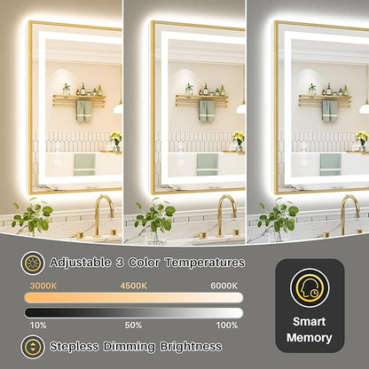 40x30 Inch LED Bathroom Mirror with Gold Frame, Backlit & Front Lit, Anti-Fog Lighted Bathroom Vanity Mirror for Wall, Memory Function, Dimmable, HD Tempered Glass, Shatter-Proof