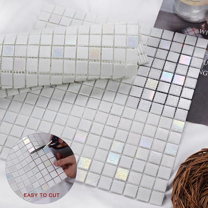 11.5sq.ft Iridescent White Glass Mosaic Tile for Bathroom, Pool, Backsplash | Waterproof Wall & Floor Tile. Heat & frost resistant outdoors. Mesh-mounted easy install. Use any grout. Easy clean. 10pcs.