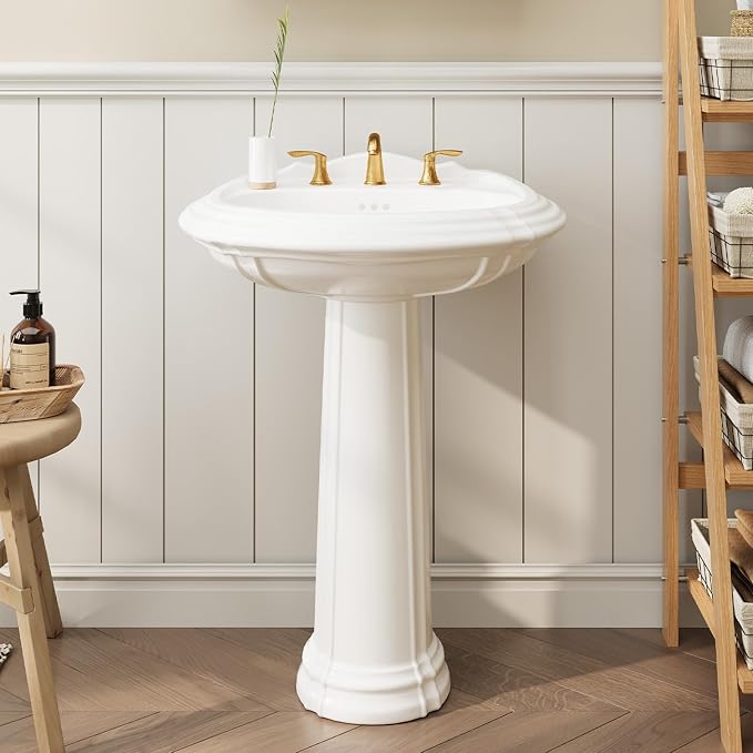 20" x 26" Vintage White Ceramic Pedestal Sink – Classic Freestanding Bathroom Sink with Overflow, 3 Pre-Drilled Holes for 8" Widespread Faucet