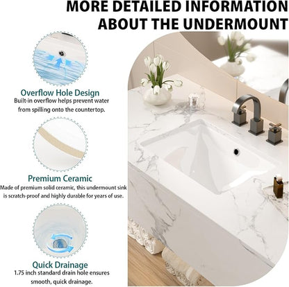 18.5x14 Inch White Ceramic Undemrount Bathroom Sink | undemrount rectangle Under Counter Lavatory Vanity Sinks Basin for Bathroom