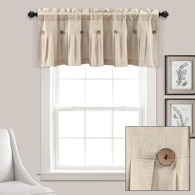 Lush Decor Linen Button Farmhouse Valance Curtians Dark Linen,Valances for Windows - Kitchen Curtains Valances - Bathroom Curtain, 52" W x 18" L (Pack of 12)
