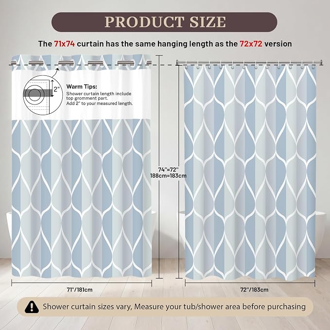 Gelbchu Dark Blue No Hook Shower Curtain with Snap-in Liner, 71 x 74 Inch | Built-In Hooks, Mesh Top Window, Water-Repellent, Machine Washable, Quick Drying, Premium Polyester, Hotel Style, Modern
