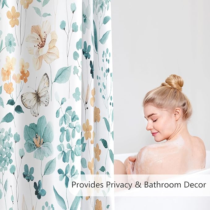 Long Shower Curtain 72 x 78 Inch, Tall Teal Floral Shower Curtains for Bathroom, Turquoise Watercolor Flower Butterfly Fabric Shower Curtain Set with Hooks