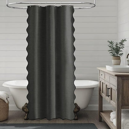 BTTN Boho Stall Shower Curtain, 36×72 Scalloped Linen Textured Heavy Duty Fabric Shower Curtain Set with 6 Hooks, Half Neutral Modern Decorative Waterproof Shower Curtain for bathrooms, Charcoal Grey