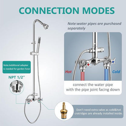 Aolemi Outdoor Shower Kit with Handheld,Round Rain Shower,Polish Chrome | 2-Handle Hot and Cold Control, Adjustable Height, 6-Inch Center Valve, 59-Inch Hose, Winter Drainage Outdoor Shower Fixtures