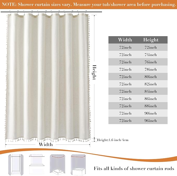 Natural Boho Linen Shower Curtain 80 Inch Long Boho Weighted Tassel Design Fabric Bath Curtain Set with Hooks Rustic Luxury Decorative Tall Shower Curtain for Bathroom 72x80, Cream