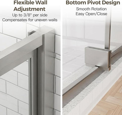 56-60" W x 72" H Semi-Frameless Pivot Swing Shower Doors, Chrome Finish | 1/4" (6mm) Clear SGCC Tempered Glass with a 24.8" walk-in opening, Reversible Installation, Magnetic Closing