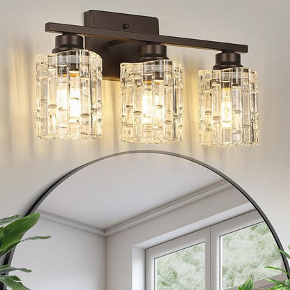 Refice 3-Light Bathroom Vanity Lights Crystal Glass, Oil Rubbed Bronze | Bathroom Light Fixtures Vanity Lighting Over Mirror for Living Room Farmhouse, Hallway