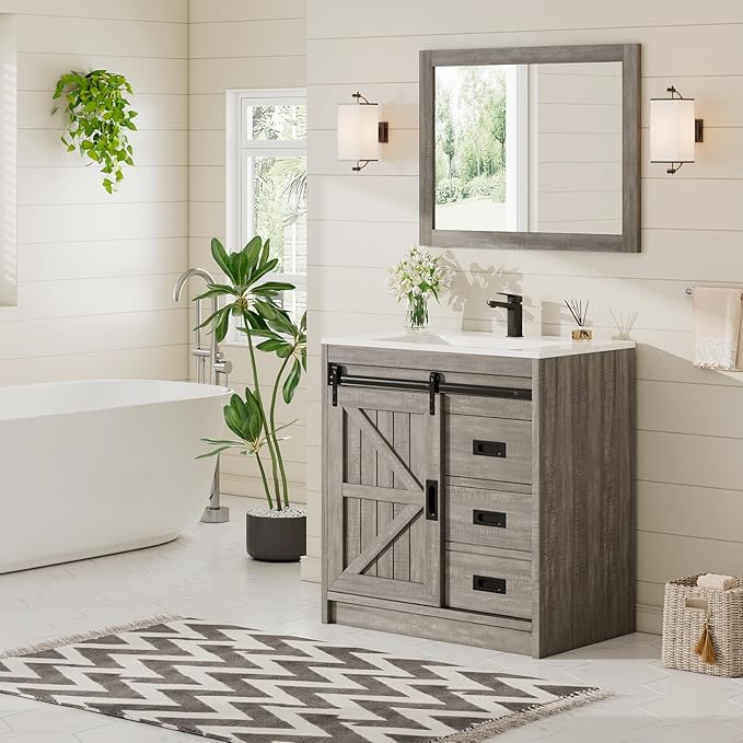 AMERLIFE Farmhouse Bathroom Vanity with Sink Combo, 31in Sliding Barn Door Bathroom Vanity Cabinet Set with Storage Drawers, Metal Handles, Small Single Bath Storage Vanity Sink, Light Grey