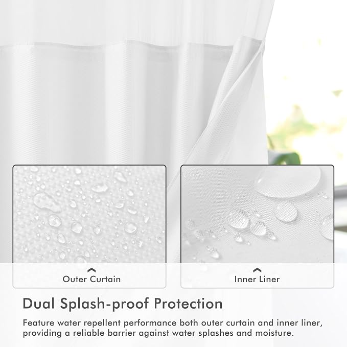 No Hook Long Shower Curtain with Snap-in Liner 71x80, White | Embossed Waffle-Look Textured, Sheer Window Hotel Style, Soft & Washable, 71 x 80 long Fabric Shower Curtain for Bathroom