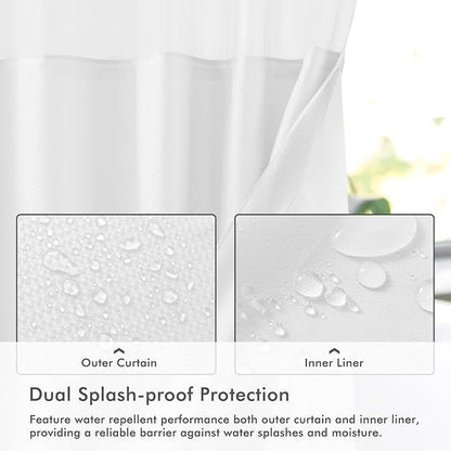No Hook Shower Curtain with Snap-in Fabric Liner 71x74, White | Embossed Waffle-Look Textured, Sheer Window Hotel Style, Soft & Washable White Fabric Shower Curtain for Bathroom