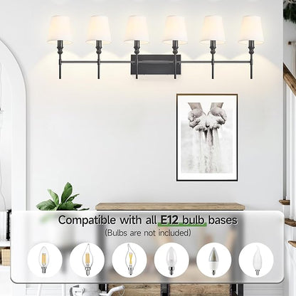 6-Light Black Bathroom Lighting Fixtures Over Mirror,50 in Vintage Bathroom Vanity Lights with Flared White Fabric Lampshade for Bedroom,Living Room,Foyer,2 Styles Modern Wall Sconce E12 Base
