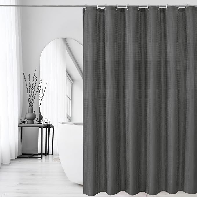 Extra Long Charcoal Grey Fabric Shower Curtain, 72 x 84 | Tall Cloth-Textured Shower Curtain for Bathroom, Water Repellent, Machine Washable